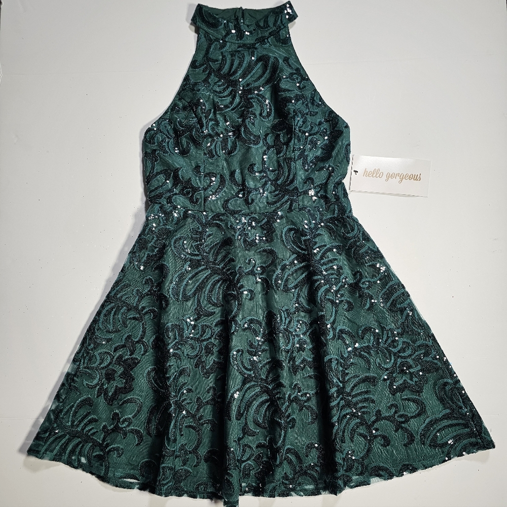 PromGirl Green Sequin Halter A-Line Mini Dress Size Medium NWT - Picture 5 of 16